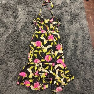 Milly New York y2k bohemian halter midi Hawaiian ruffle hem silk dress size 2